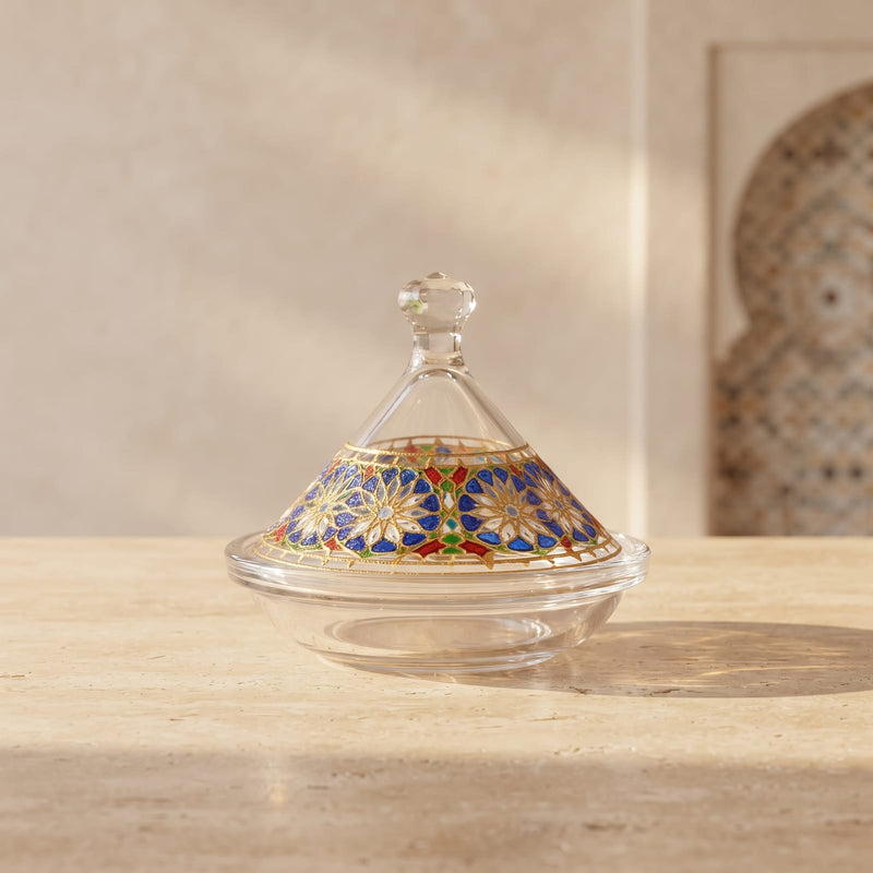 Baraka Gifts Kleiner Glas-Tajine (1-teilig) – Orientalische Deko- & Servierschale mit Edlem Farb-Muster