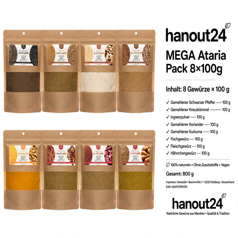 hanout24 MEGA Ataria Pack 8x100g – Komplettes Marokkanisches Gewürzset – 800g