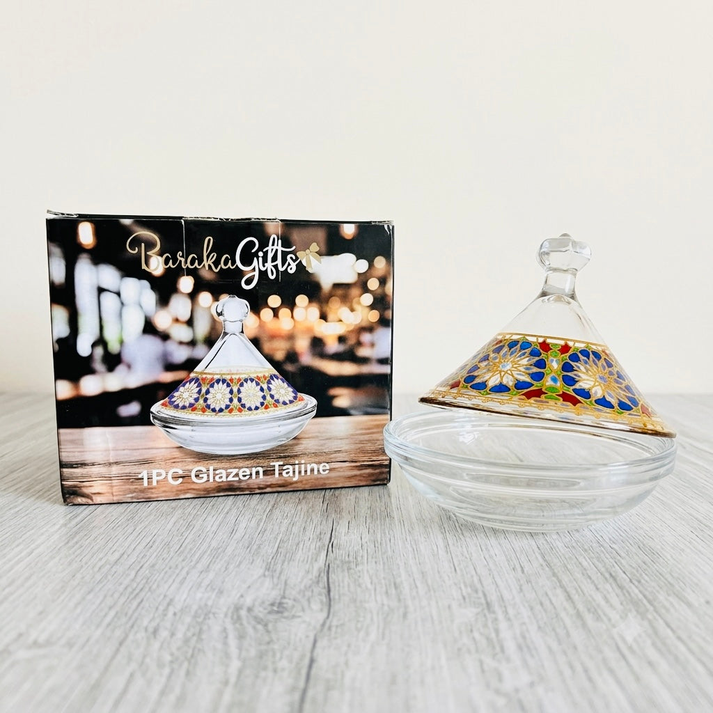 Baraka Gifts Kleiner Glas-Tajine (1-teilig) – Orientalische Deko- & Servierschale mit Edlem Farb-Muster